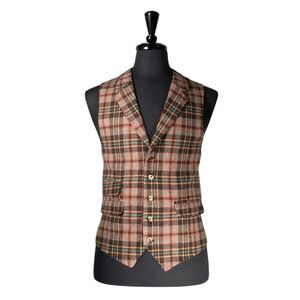 Mens 42R Wool Vest Brown Orange Teal Tartan Plaid Waistcoat Formal Wedding Party